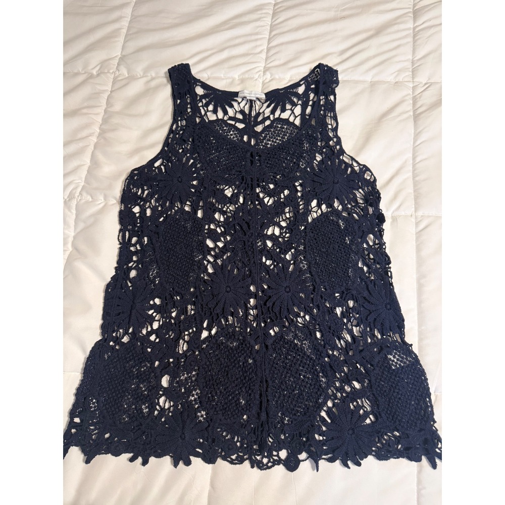 New York & Company Crochet Tank Top Womens M Navy Blue Excellent Boho Lace Shell